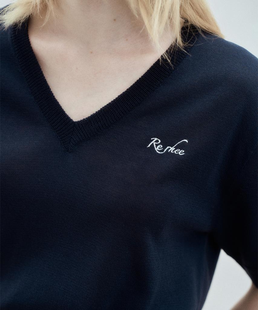 RE RHEE V Neck Logo Embroidered Knit Top Navy