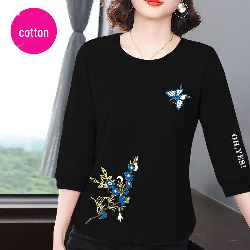 

Хлопковая женская футболка премиум-класса с рукавом 7/8, лето 2025: Корейский стиль, Повседневный, Свободный, Стройнящий, Скрывающий живот, Универсальный топ XL 110-125 lbs