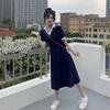 Polokleid Damen Sommer V-Ausschnitt Kurzarm Mittellange A-Linie Lässig Süße Stich Koreanische Version College-Stil