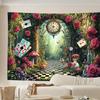 2D Fantasy Wonderland Forest Tapestry Alice Theme with Mushrooms & Cards Wall Hanging