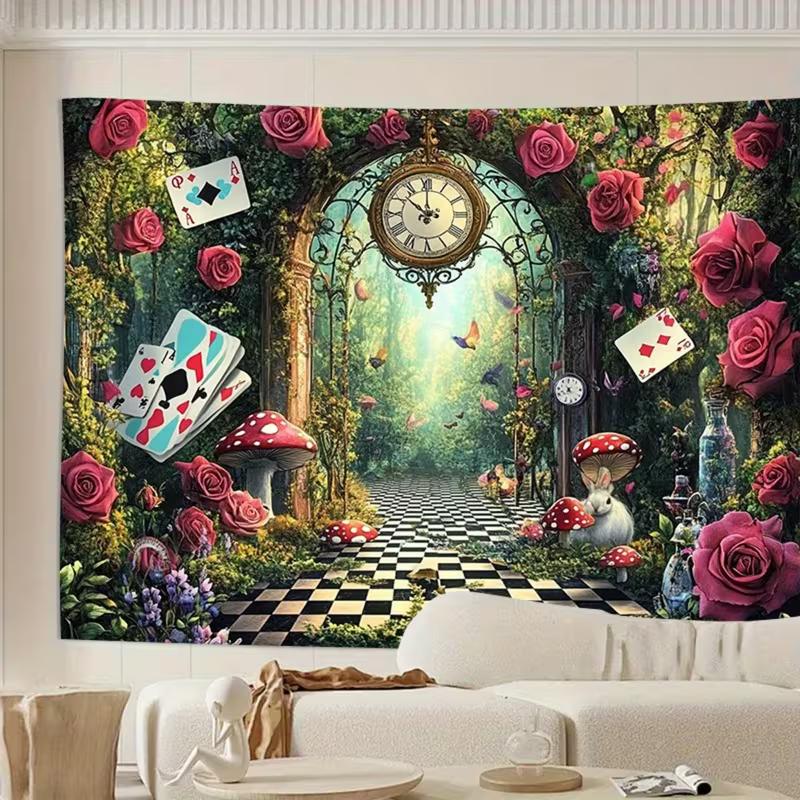 2D Fantasy Wonderland Forest Tapestry Alice Theme with Mushrooms & Cards Wall Hanging
