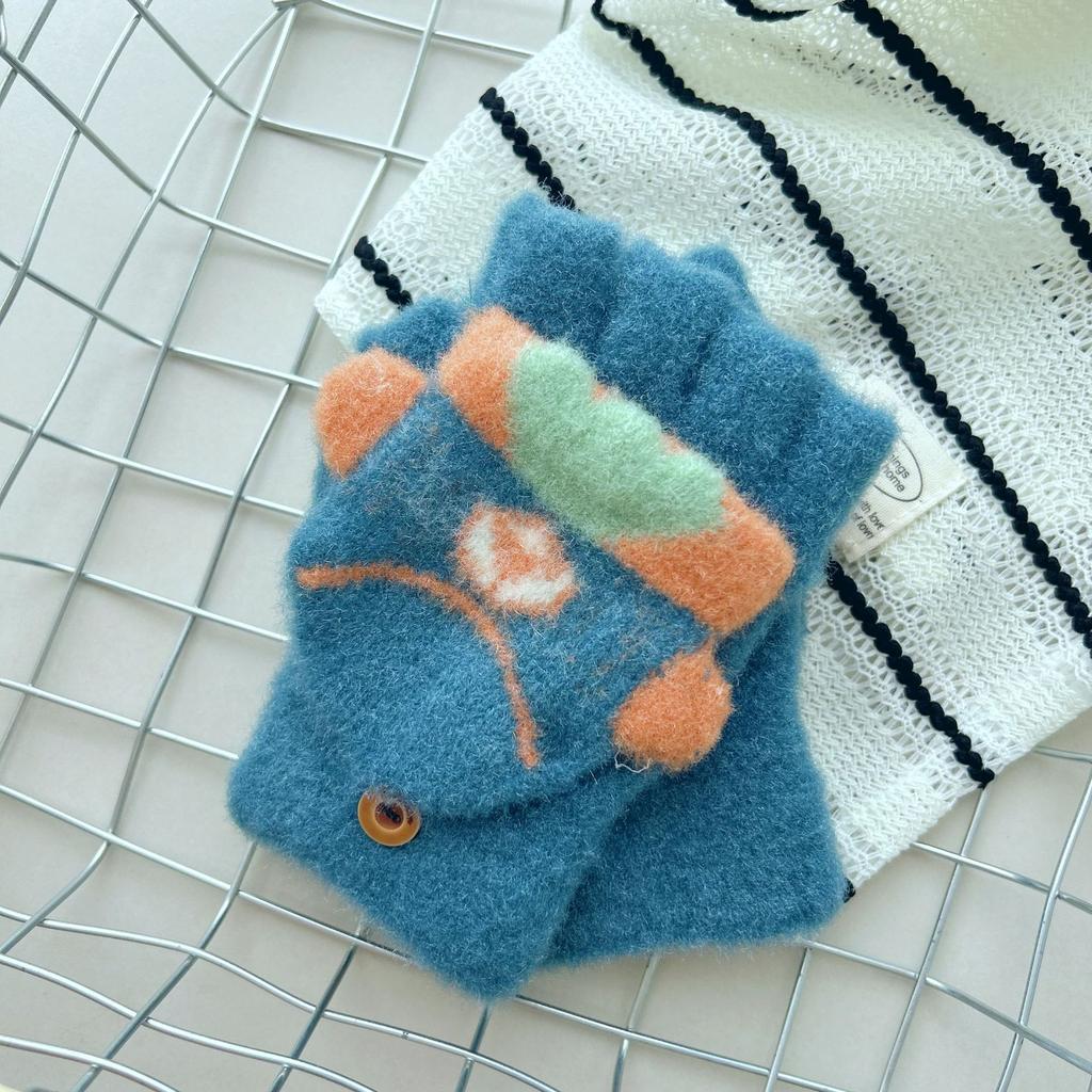 8-15 years old children's gloves cute cartoon cold-proof boys and girls knitted wool half-finger autumn and winter flip cover medium and old children