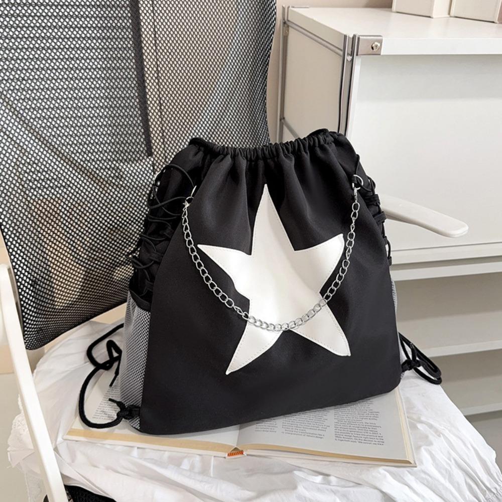 Harajuku Style Star Drawstring Backpacks Y2k Student Schoolbag Simple Nylon Backpacks Men Women чёрный