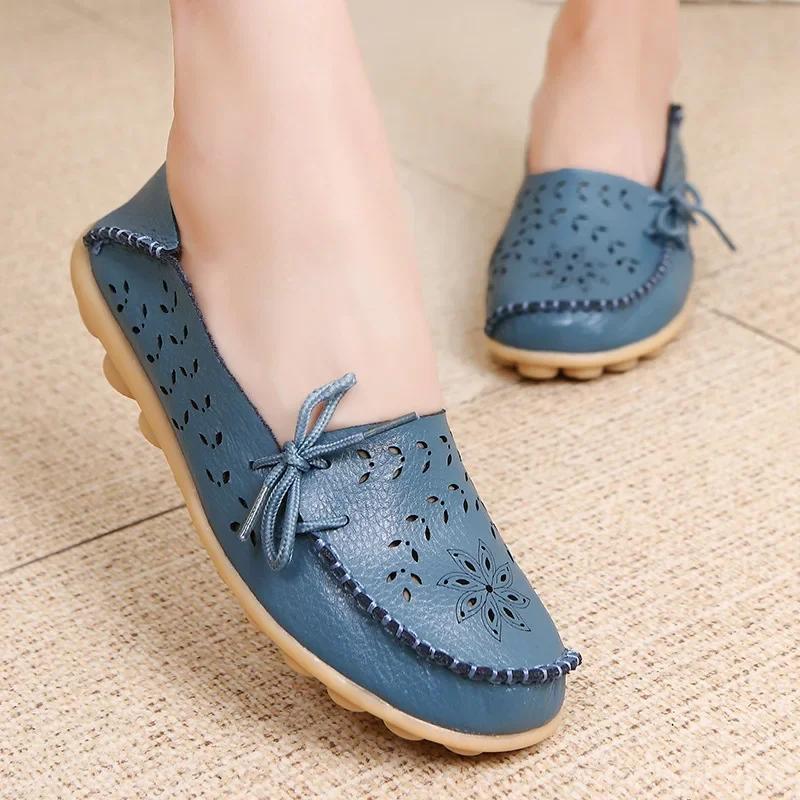 Fashion Sizes 34-44 Genuine Leather Flat Shoes Women Fashion Casual Nurse Shoes Hollow Soft Sole Non Slip Women's Shoes  Zapatos Mujer