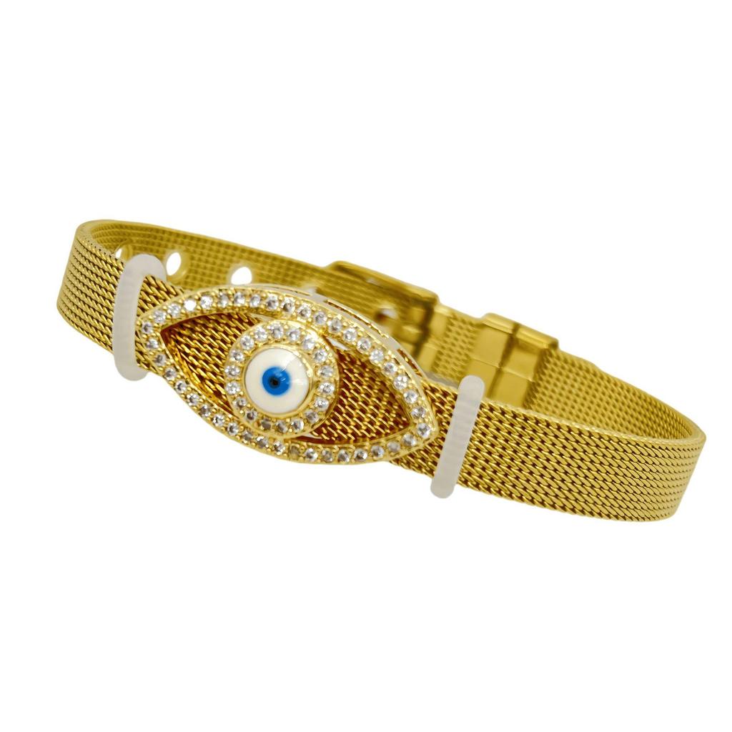 Stainless Steel Watch Band with Devil's Eye Zircon Bracelet - Stylish European and American Fashion Jewelry