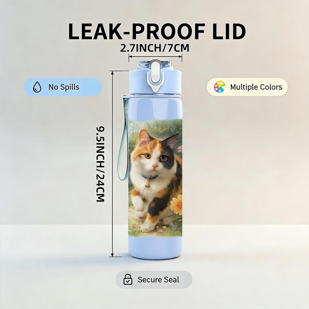 1PC Autumn Tabby Cat Floral Portrait 750ml Color Plastic Sports Water Bottle Leakproof Flip Straw Lid Suitable for Sports Office Home Use