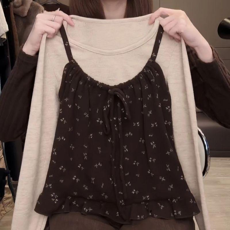 

Elegant Korean Floral Print Wool-Blend Camisole Patchwork Long Sleeve Top for Women - Autumn/Winter Small хакі