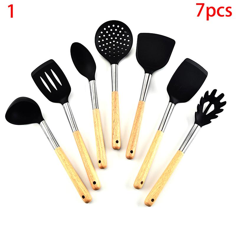 Silicone Kitchenware Non-Stick Heat-Resistant Cookware Kitchen Utensils Set Spatula Shovel Spoon Wooden Handle Cooking Tool Set