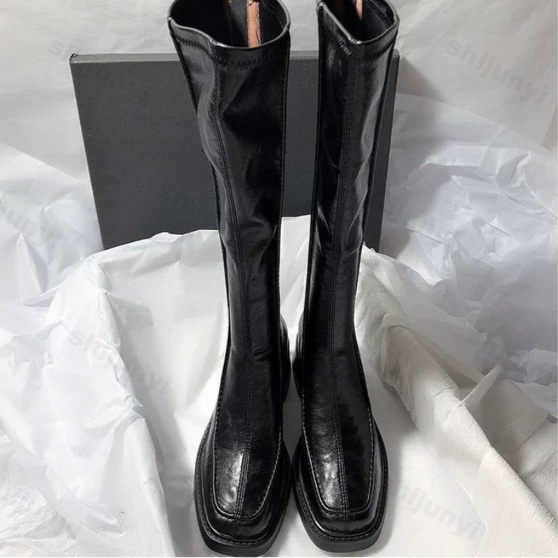 Women Knee High Boots Vintage Thick Heel Fashion Zippers Leather Boot 2026 Autumn Winter Ladies Concise Long Boot Botas De Mujer