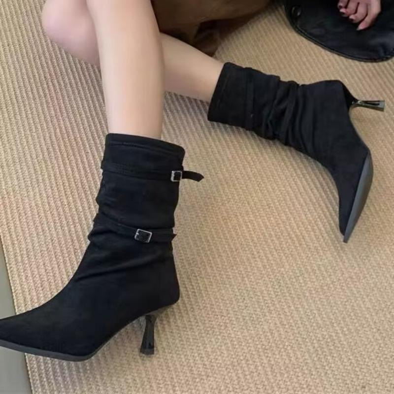 

Модные туфли на высоком каблуке с пряжкой, короткие ботинки для женской моды, туфли с острым носком, элегантная замша, новая зимняя обувь 2025 года, туфли-лодочки для платья, ботильоны 35