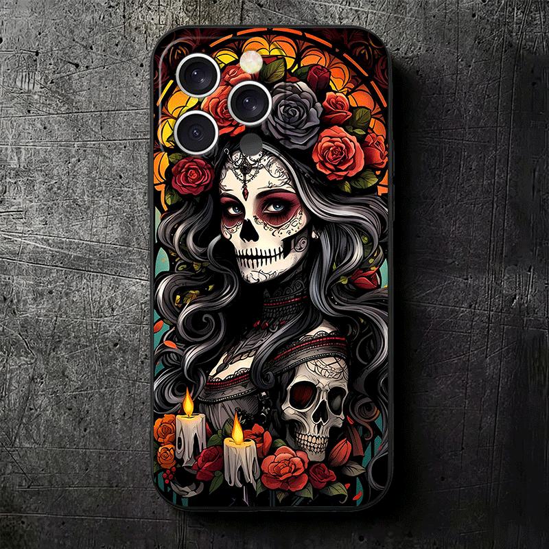 Catrina Beautiful Rose Girl Skull Soft Phone Case for iPhone 16 16E 17 Air 15 Pro Max 14 Plus 13 Mini 11 12 7 Black Cover Back S