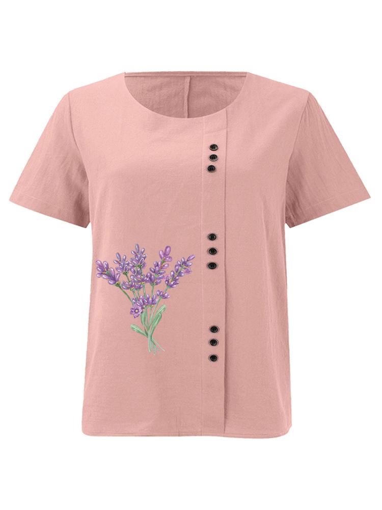 

Женская Модная Фиолетовая Цветочная Печать Короткий Рукав Футболка Свободная Хлопковая Рубашка Повседневная Свободная Летняя Блузка Топы Большого Размера S розовый