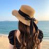 Bow burr edge flat top straw hat women's summer seaside beach vacation Japanese Hawaiian sun woven visor