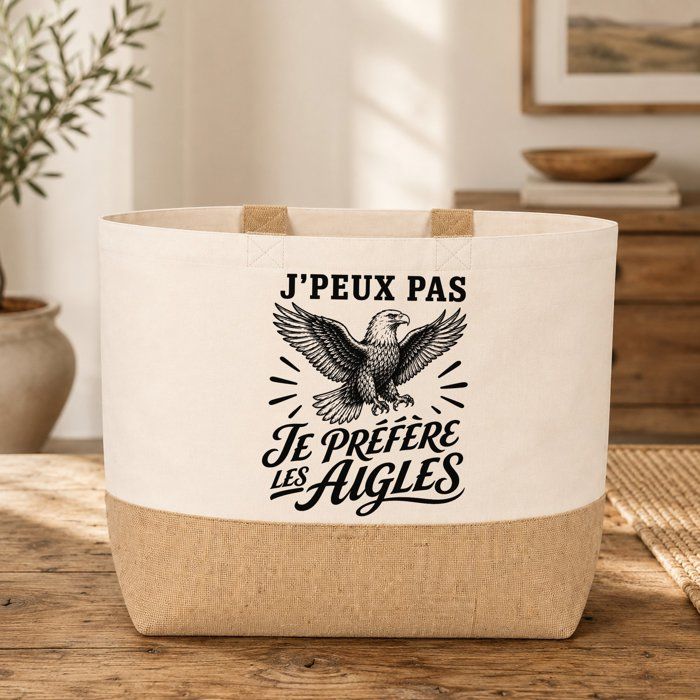 Cabas - PLANETEE - J'peux pas minimaliste (J'peux pas je préfère les Aigles) - Coton lourd - Fond jute - 18 L (48×37×13 cm)