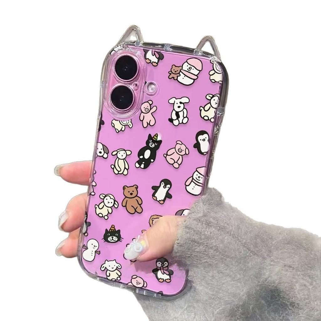 Full screen animal puppet suitable for Apple IP17/16Pro mobile phone case Air cat ears 15/14 cute 13 transparent