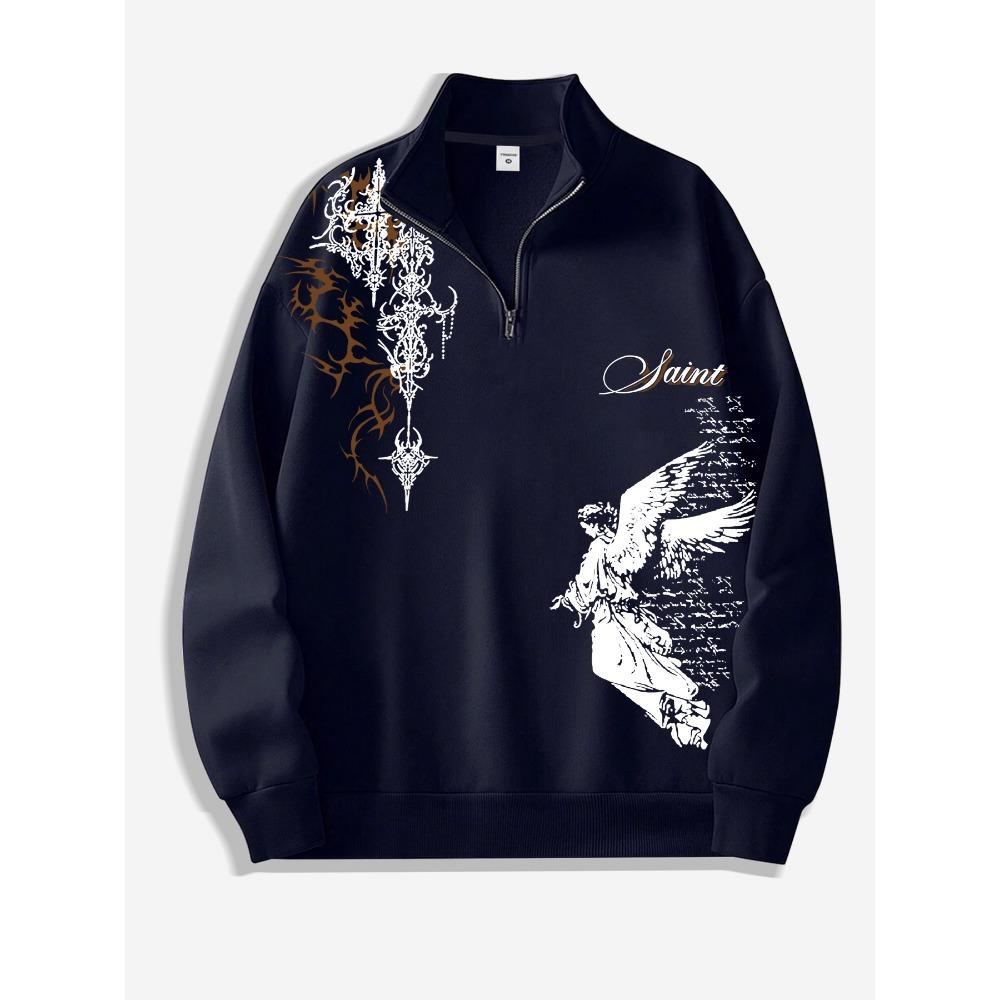 Y2K Fashion Street Style Men s Stand Up Collar Sweatshirt, Thorn Design Angel Print Half Zipper Stand Up Collar Sweatshirt S