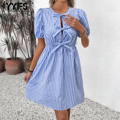 Moda Donna Estate Primavera Stampa a Righe Manica Corta Girocollo Vita Alta Abiti Casual