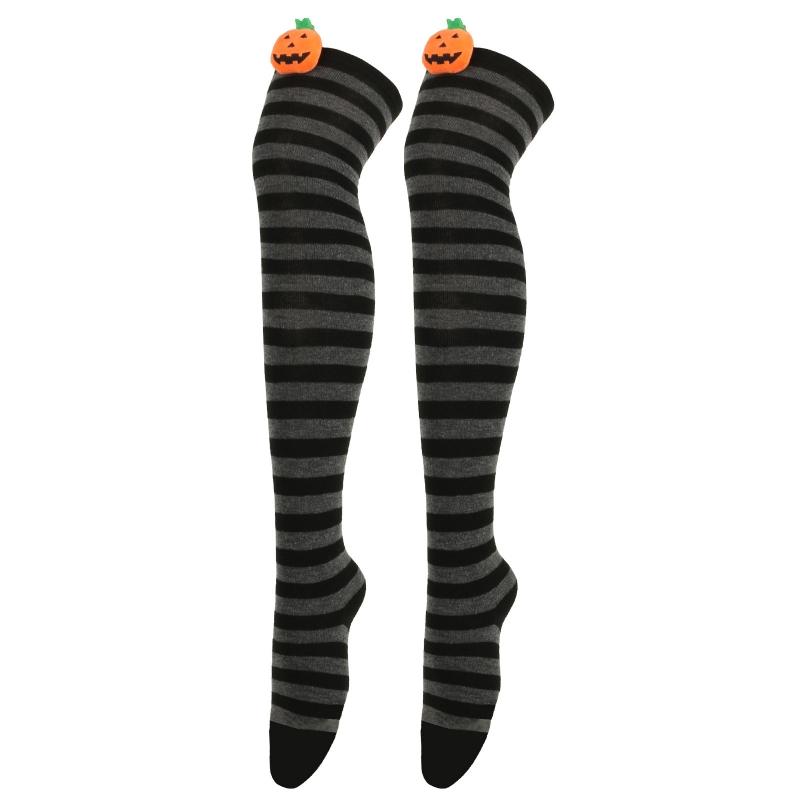 Women Halloween Over Knee Long Socks Cute 3D Wicked Evil Pumpkin Striped Print Thigh High Stockings Holiday Hosiery