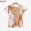 ZANZEA Women Casual Round Neck Short Sleeve Ruffles Print Blouse