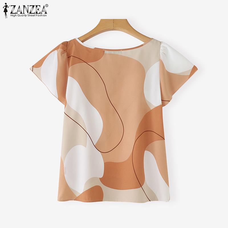 ZANZEA Women Casual Round Neck Short Sleeve Ruffles Print Blouse