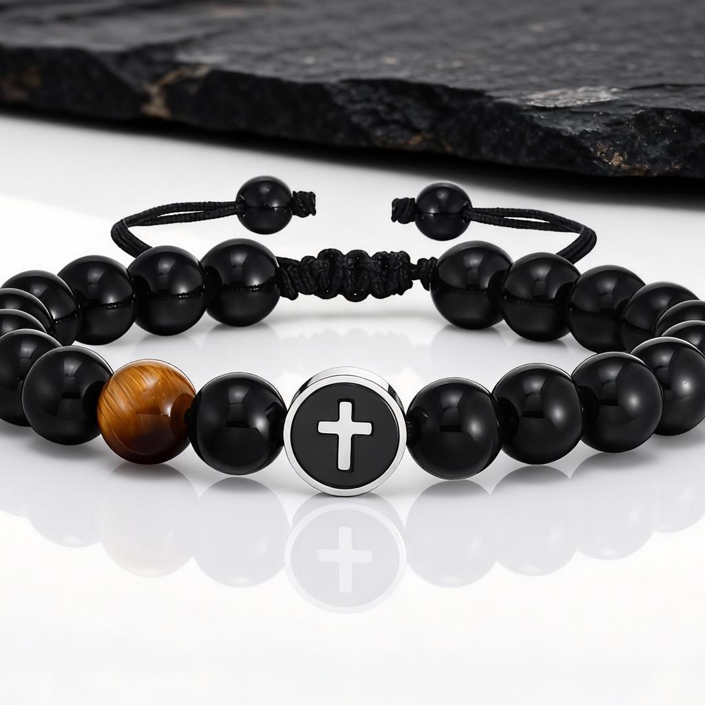 Easter Men's Bracelet,Cross Charms Beaded Bracelets,Adjustable Black Onyx Beaded Wristaband,Father's Day Baptism Scripture Card