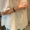Women Summer French Style Embroidery Hollow Out Shirt White Lace Blouse for Short Puff Sleeve Tops Round Collar