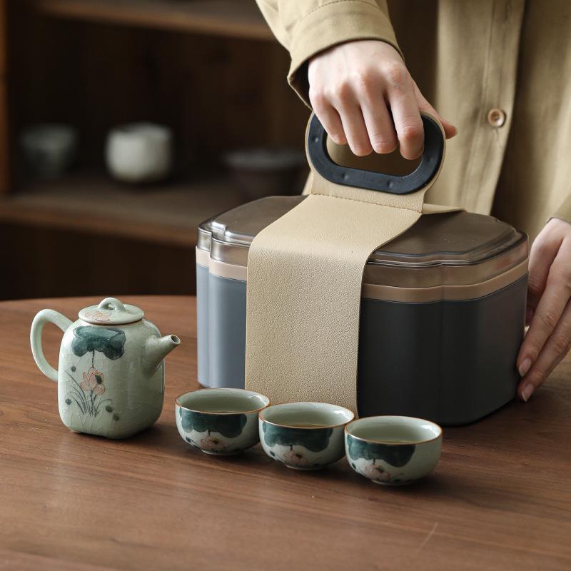Hand-Painted Teapot, One Pot, Three Cups, Ge Kiln Ice Crack Glaze, Ceramic Kung Fu Tea Set, High-End Travel Storage Gift Box