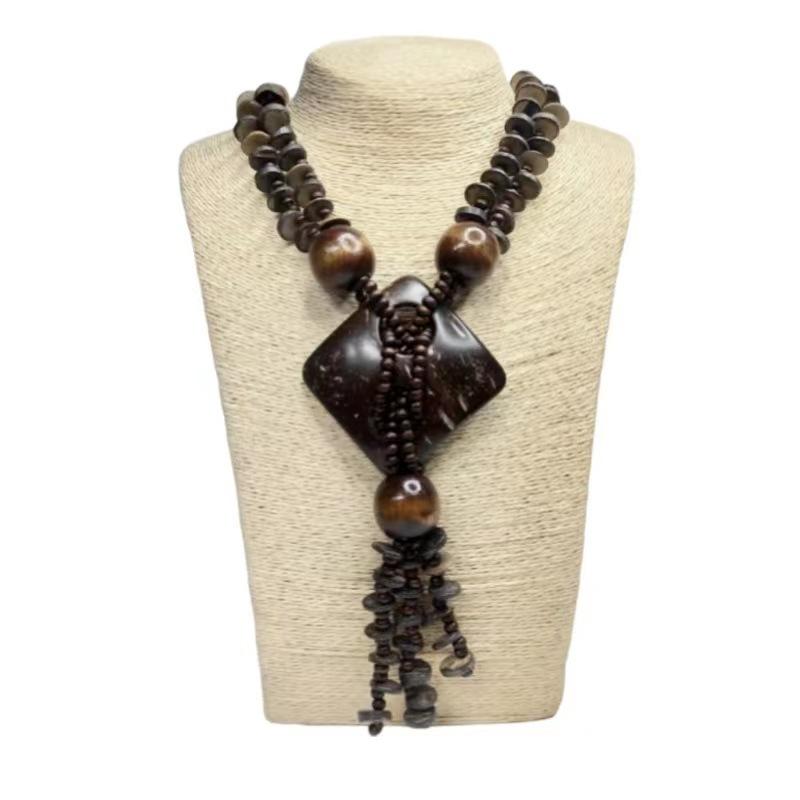 JMXD Boho Chic Ethnic Vintage Long Sweater Chain Women Fashion Beaded Wooden Beads Coconut Shell Pendant Sustainable Statement Necklace