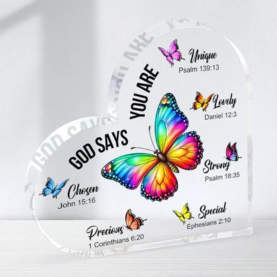 2D Flat Christian Gift Acrylic Heart Butterfly Desktop Decorative Plaque, Home Decor Plaque Hanging Wall Art Decorative Garden Decoration for Room Doo