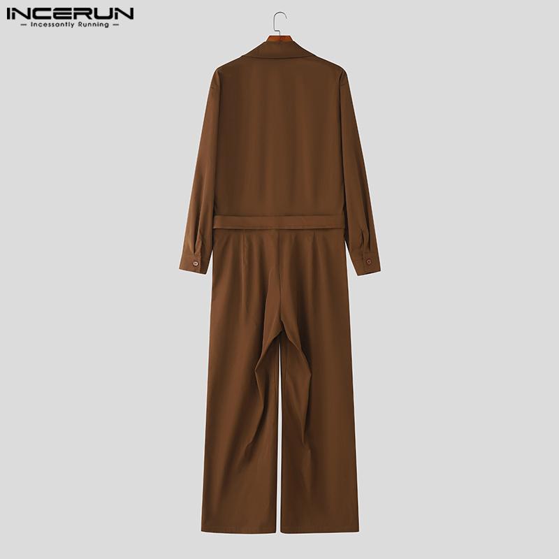 INCERUN Oversized Men Lapel Neck Long Sleeve Belt Waist Casual Loose Long Rompers Jumpsuits