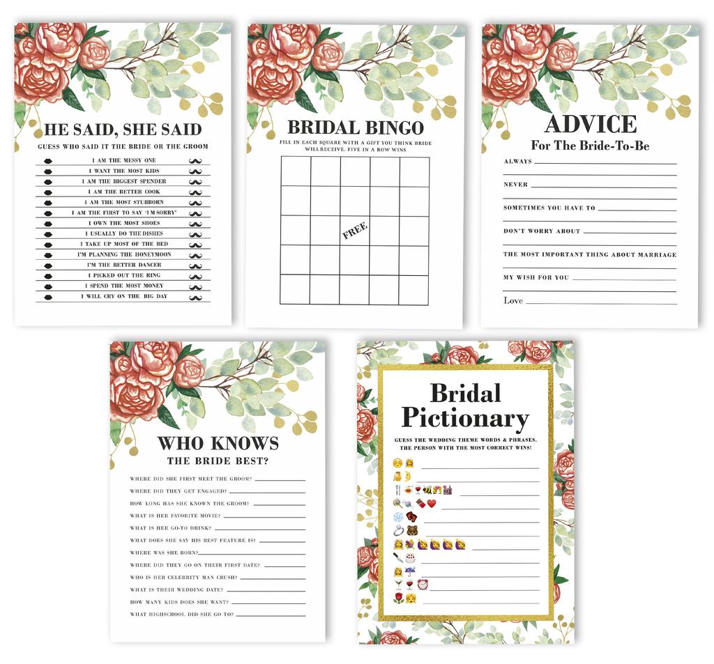 Inkdotpot Floral Theme Bachelorette Party Games Set Bundle of 5 (Activities for 50 Guest) Fun Bridal Shower Games Set