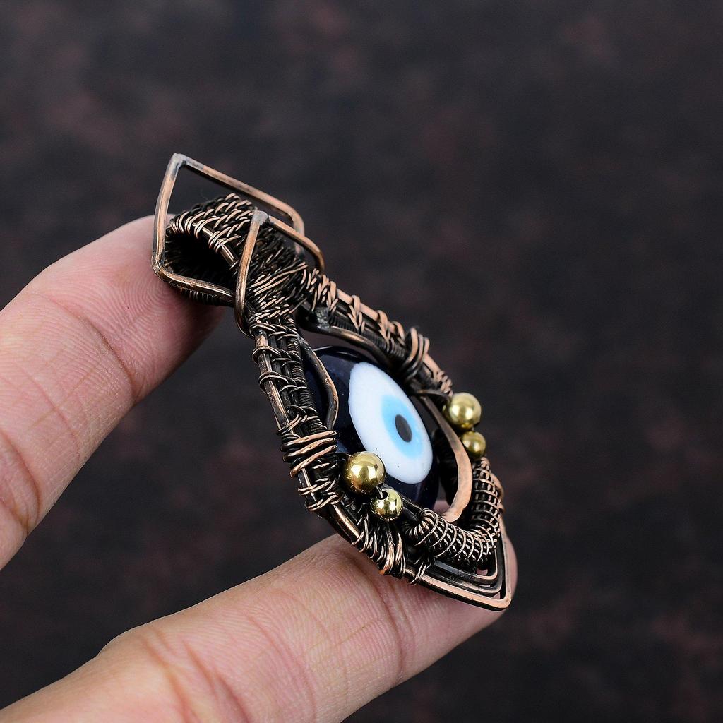 Blue Color Evil Eye Pendant Copper Wire Wrapped Gemstone Pendant Evil Eye Jewelry Handmade Copper Pendant Wire Wrap Pendant Anniversary Gift