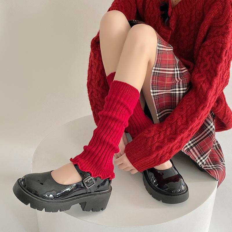 Socks College Style Spring And Autumn Medium Tube Stacking Socks Solid Color Lace Lolita Wool Leg Cover