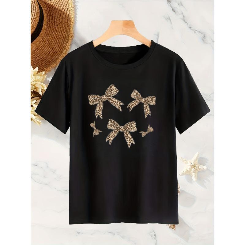 European Size Women's Bow T-Shirt, Leopard Print Bow Pattern Short-sleeved Shirt, Round Neck Design, Fashionable and Trendy Wear, Spring and Summer