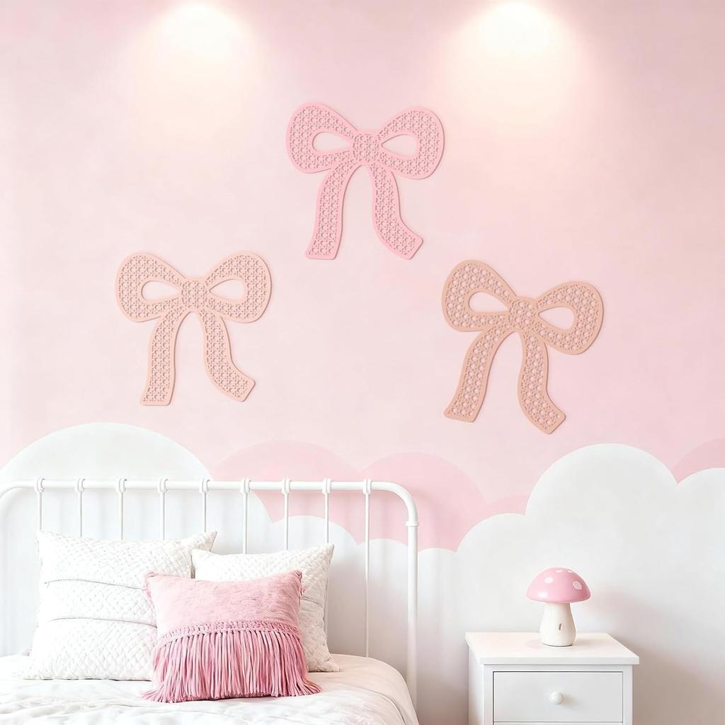 3 Pcs Boho Bow Wall Decor Pink Bow Nursery Decoration Coquette Room Decor Wooden Woven Macrame Wall Hanging Pink Preppy Decoration for Nursery Dorm