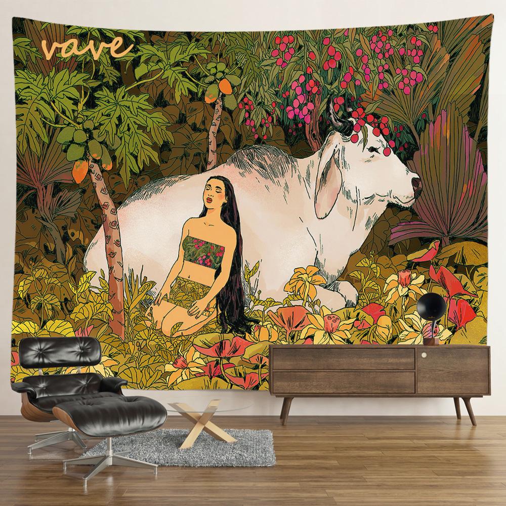 Hippie Psychedelischer Tiger Wandteppich, Wandbehang, Boho Zimmerdeko, Ästhetisch, Mysteriöse Blume, Dschungel Mondlandschaft, Wald