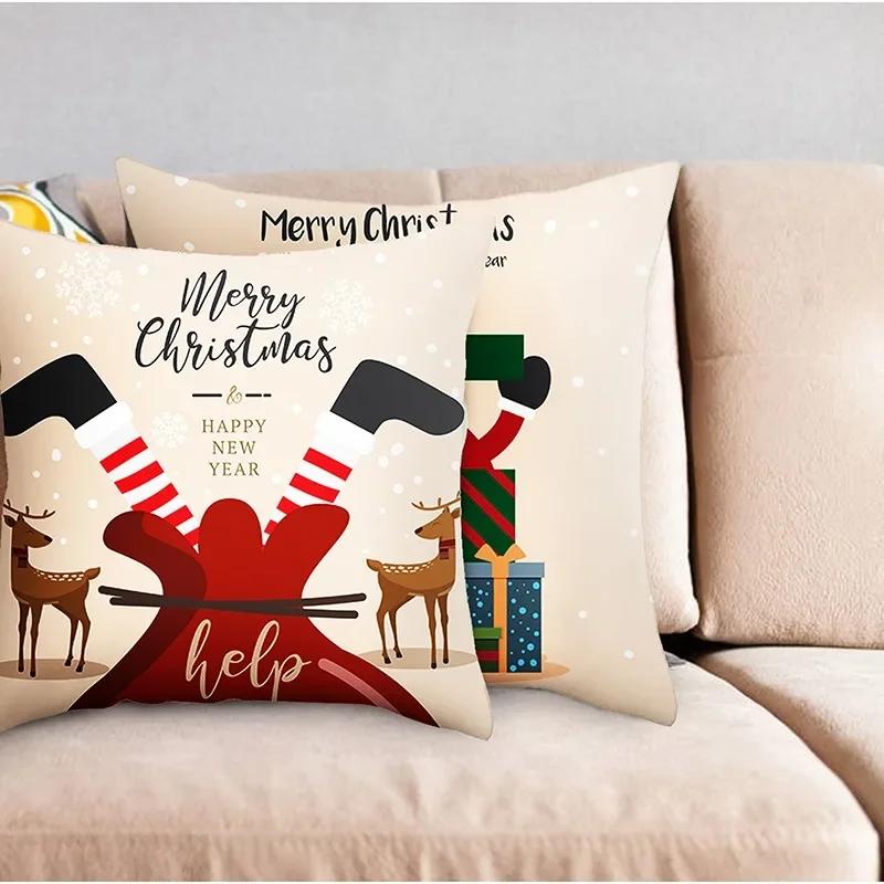 Merry Christmas Cushion Cover Santa Claus Elk Pillow Cover Living Room Sofa Home Room Decorations