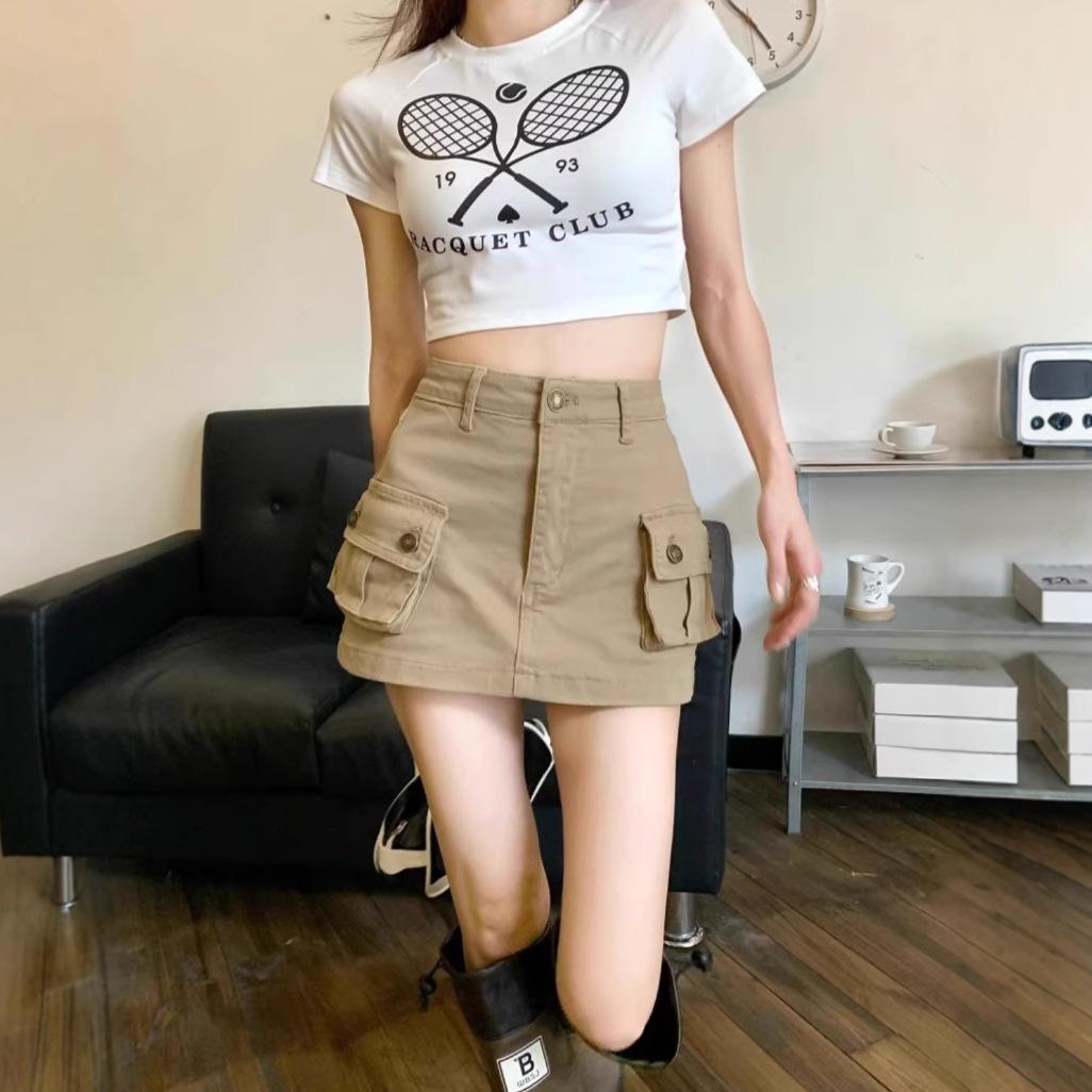 

Hot Girl Khaki A-Line Workwear Short Denim Skirt with Pockets - Sexy Autumn Hip Skirt for Women XS