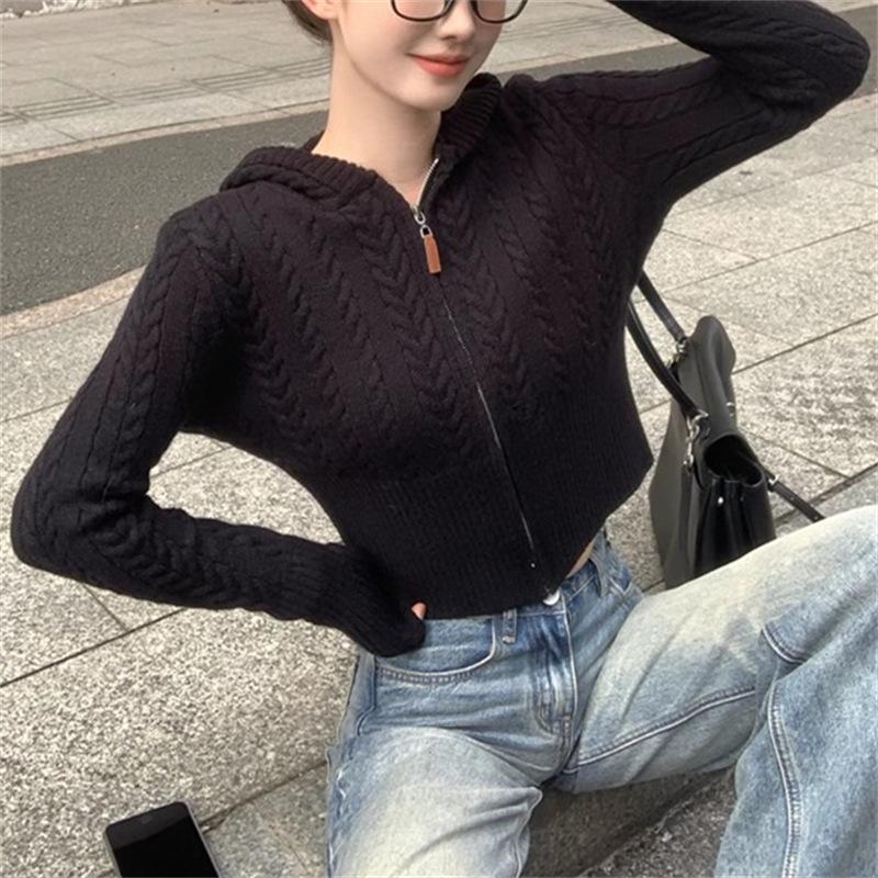 Short Twist Hooded Zipper Knitted Cardigan Women's Slim-fit Sweater Jacket