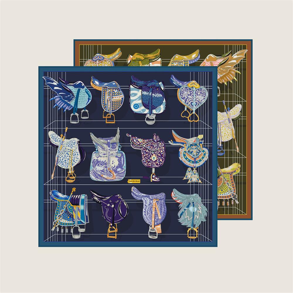 POBING Curled Twill Silk Scarf Women Saddle World Double Side Printed Square Scarves Wraps Echarpes Foulards Femme Hijab 90CM