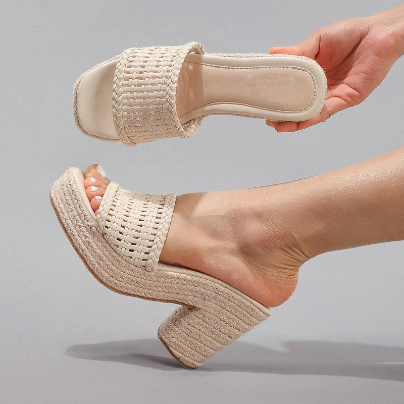 Fashion Hollowed-Out Hemp Rope Wedge Heel Sandals, Summer Casual Vacation, Waterproof Platform, Thick-Soled High Heels For Women