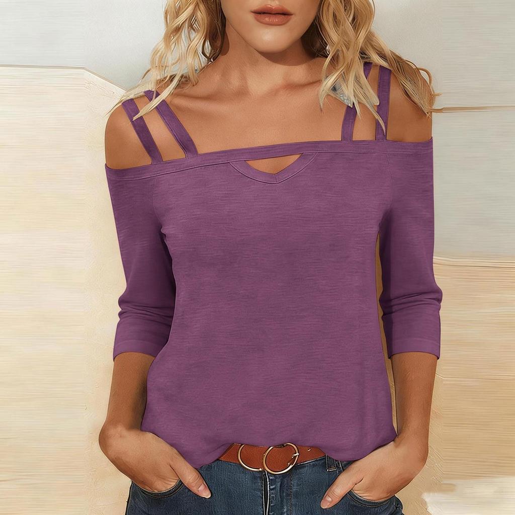 Womens Off Shoulder Top Short Sleeve Cut Out Detail Cross Strap Casual Blouse Summer Lightweight Knit Shirt