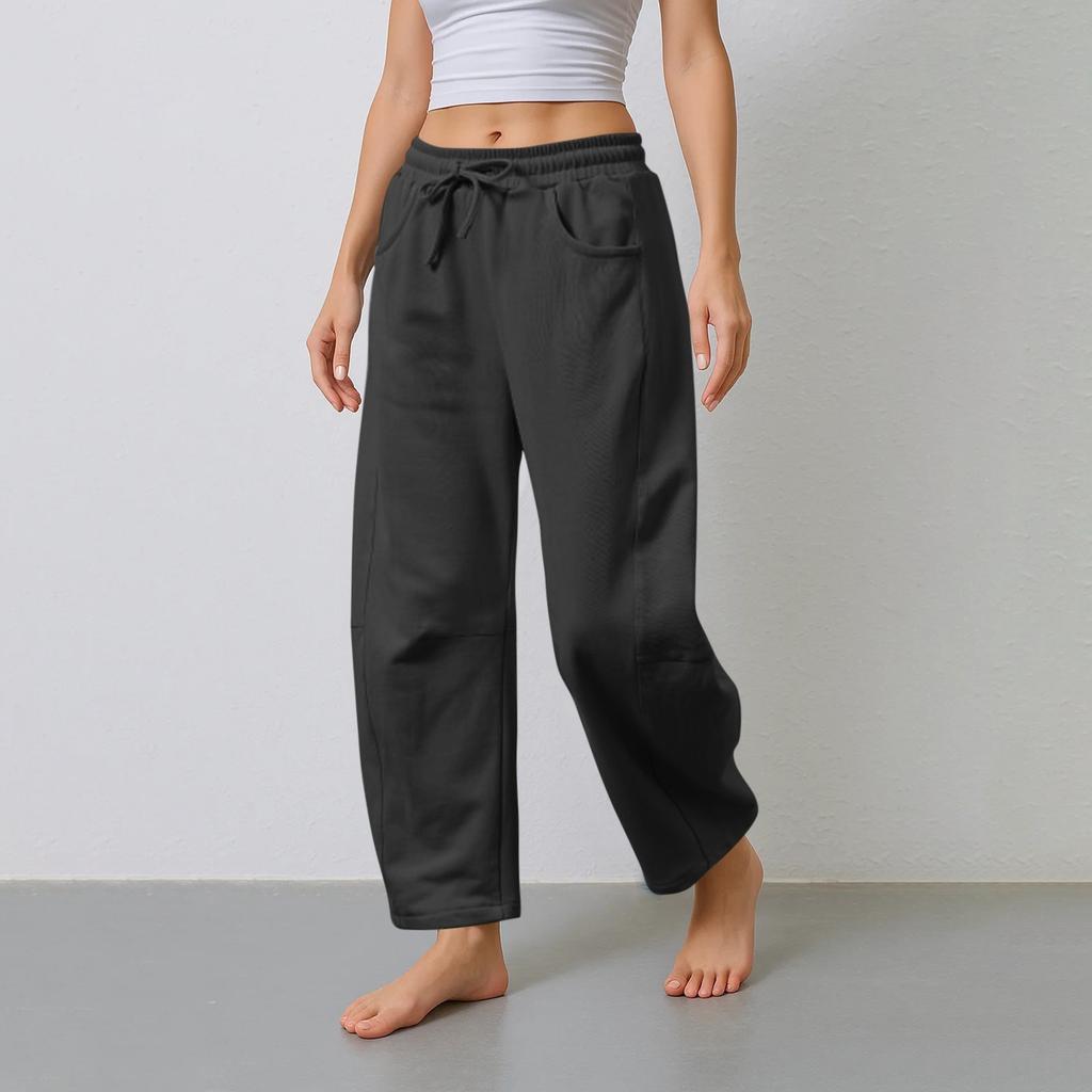 Women's Barrel Leg Sweatpant Drawstring Elastic Waisted Wide Leg Pants Casual Cotton Palazzo Trousers With Pockets