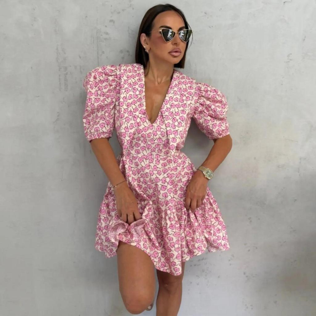 European and American Women's Clothing 2026 Summer New Sweet Vacation Wind Bubble Sleeves Deep V Ruffle Floral Dress