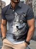 Men's Casual 3D Printed Golf Shirt- Snow Wolf Design, Short Sleeve, Summer Sports Style, Polyester Fabric, Regular Fit, Button-Up, Casual Wear| Animal
