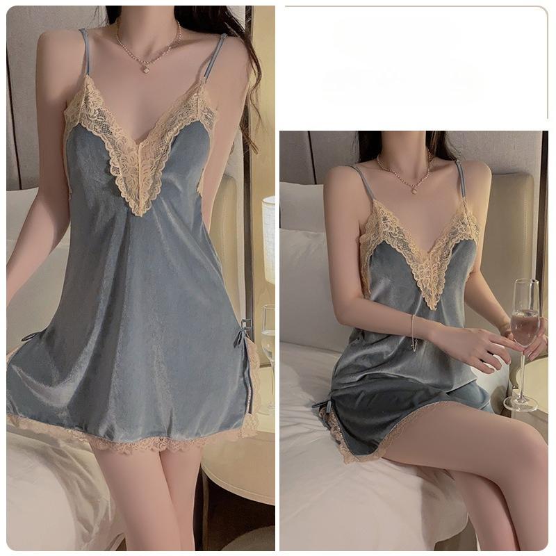 Women’s Sexy Lace Backless Velvet Bridal Nightgown Side-Slit Cami Sleep Dress