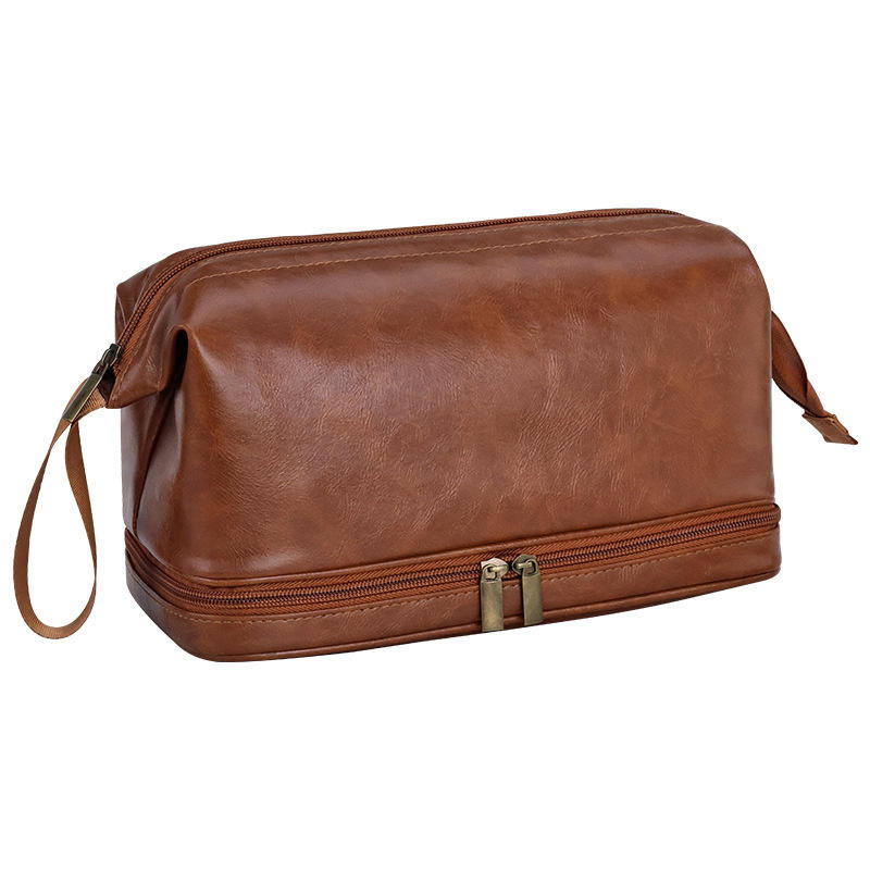Double-Layered Toiletry Bag for Men Dad Husband Lightweight Leather Travel Shaving Kit Organizer Cosmetic Zipper Pouch