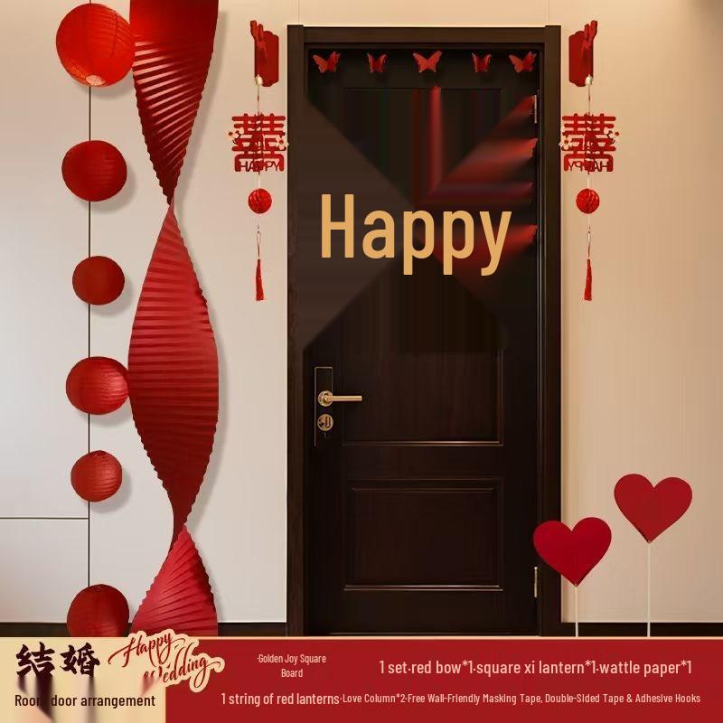 Wedding Decoration Set: Groom & Bride Xi Character Door Stickers & Hanging Ornaments