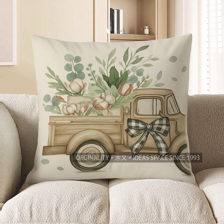 Home Decor Basket of Cotton Flowers with Checkered Bow Pillow Pattern Cushion Cover Suitable for Sofa Bedroom Car Pillow Cover