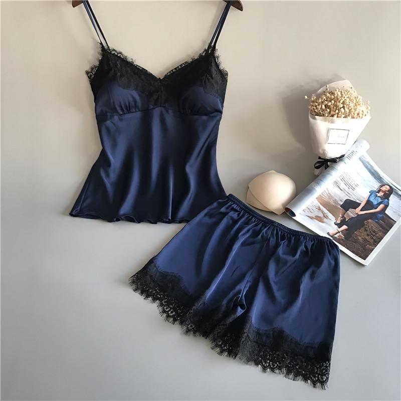 2019 Women's Sexy Summer Ice Silk Suspender Pajamas Set with Shorts - Plus Size Thin Homewear